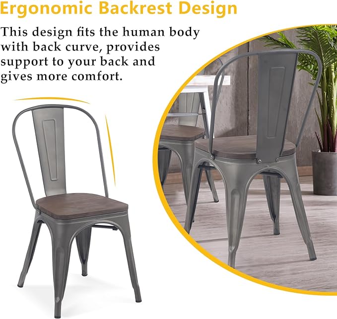 YOUNIKE Metal Dining Chairs Set of 4 Iron Stackable Removable Back Wood Seat Patio Chairs Rubber Feet Stylish Modern Indoor Outdoor Classic Chic Industrial Vintage Bistro Kitchen Rusty Grey - LeafyLoom