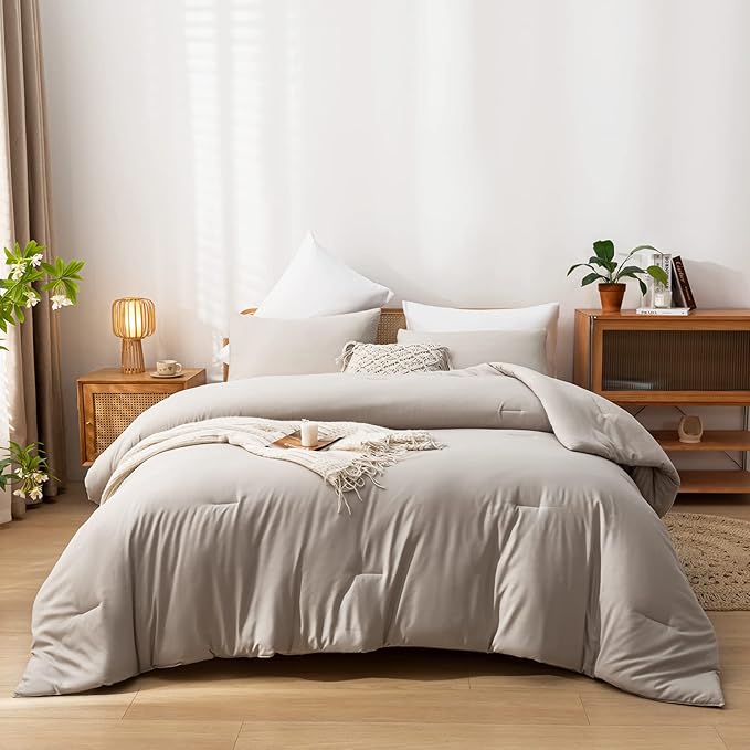 Twin Size Comforter Sets Solid Color 2PCS Boho Beige Bed Comforter Set Tannish Grey Soft Lightweight Microfiber Kids Bedding Set for All Season (1 Comforter, 1 Pillowcase) - LeafyLoom