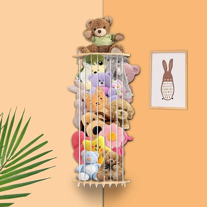 Corner Stuffed Animal Storage Wood Plush Toys Hanging Organizer Length Adjustable Stuffed Animal Holder with Moon Star Pattern Kids Toy Shelf Large Toy Storage for Nursery Playroom Bedroom Furniture - LeafyLoom