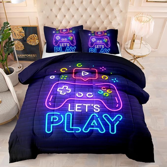 Gamer Bedding Sets for Boys,Twin Comforter Set for Boys,Gaming Comforter Set for Boys,Kids Bedding Twin with 2 Gamer Pillowcases,Microfiber Boys Bed Set,All Season Use - LeafyLoom