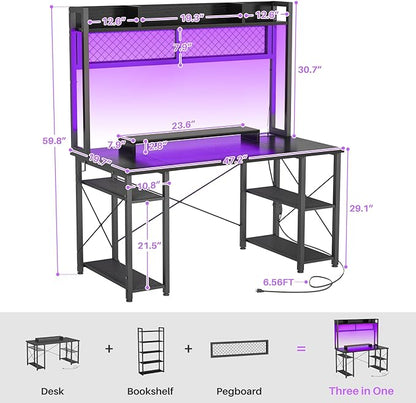 armocity 2024 Upgrade Gaming Desk with Hutch, 48'' Magic Computer Desk with LED Lights and Outlets, Reversible Workstation Desk with Pegboard and Monitor Stand, 48 Gamer Desk PC Table, Black - LeafyLoom