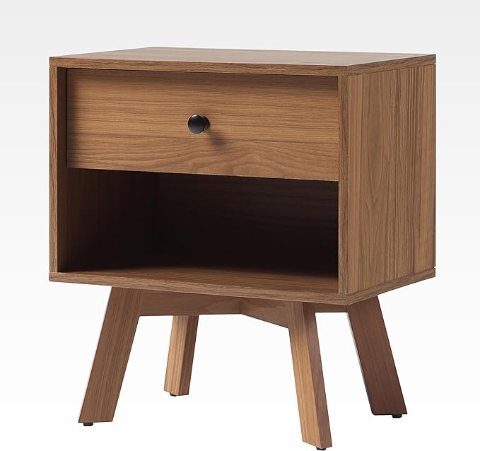 Walker Edison Mid-Century Modern 1 Nightstand Bedroom Storage Drawer and Shelf Bedside End Table, 21 Inch, Mocha - LeafyLoom