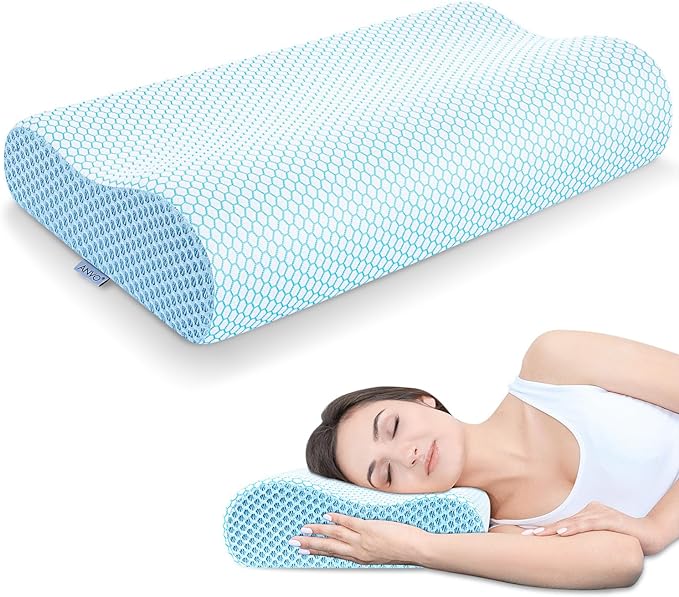 Anvo Memory Foam Pillow, Neck Contour Cervical Orthopedic Pillow for Sleeping Side Back Stomach Sleeper, Ergonomic Bed Pillow for Neck Pain - Blue White, Firm - LeafyLoom