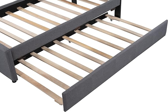 Twin Size Platform Bed, Linen Upholstered Bed Frame with Headboard and Trundle, Wood Slat Support, Gray - LeafyLoom