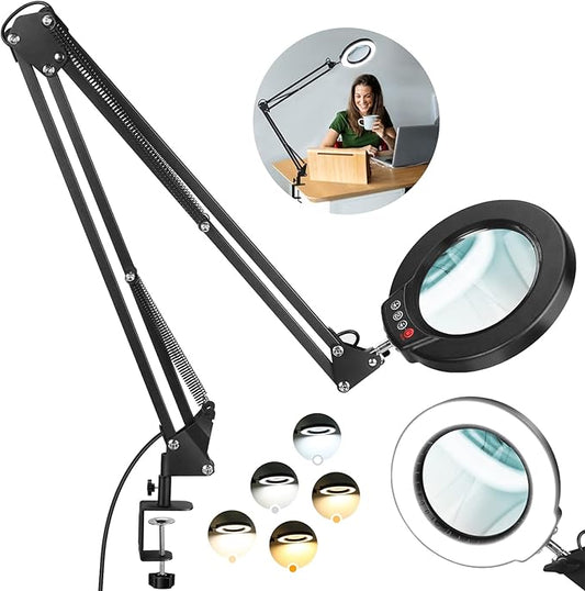 8X Large Magnifying Glass with Light and Stand, KRSTLV 2 x 16 Inch Swivel Arm LED Desk Lamp with Clamp, 5 Color Modes Stepless Dimmable Lighted Magnifier Hands Free for Close Work, Craft, Hobby, Black - LeafyLoom