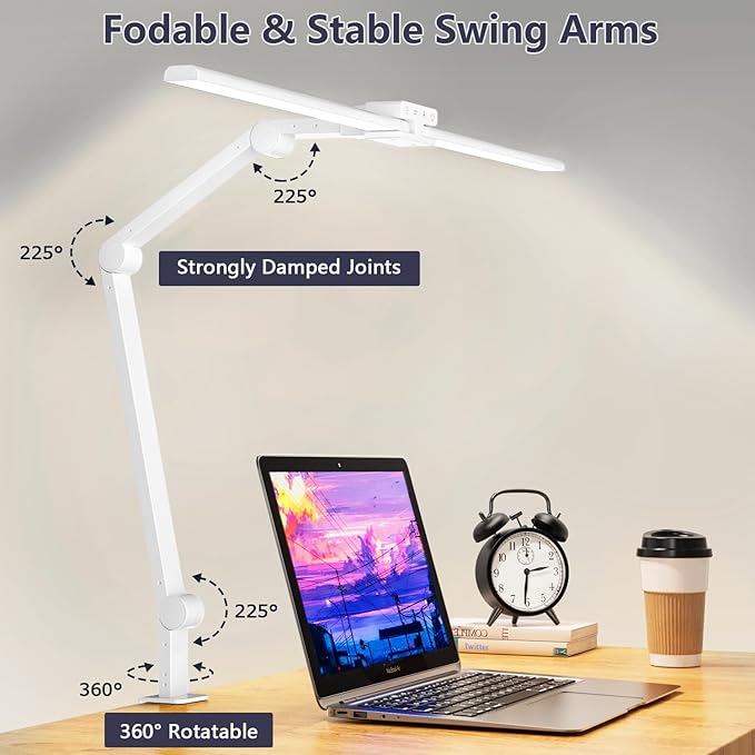 KableRika Desk Lamp,Double Head Desk Lamp with Clamp,24W Led Desk Lights for Home Office Ultra Bright Architect Table Lamp 4 Brightness 4 Color,Auto Dimming Task Lamp for Monitor Work Study White - LeafyLoom