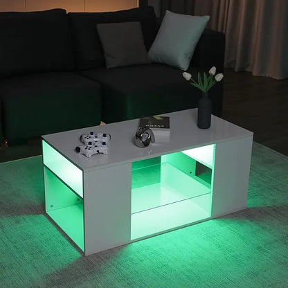 HOMMPA LED Coffee Tables for Living Room Modern White Coffee Table with 3 Shelves Open Glass Storage High Glossy Center Table Sofa Cocktail Table with 16 Colors LED Lights for Home Furniture White - LeafyLoom