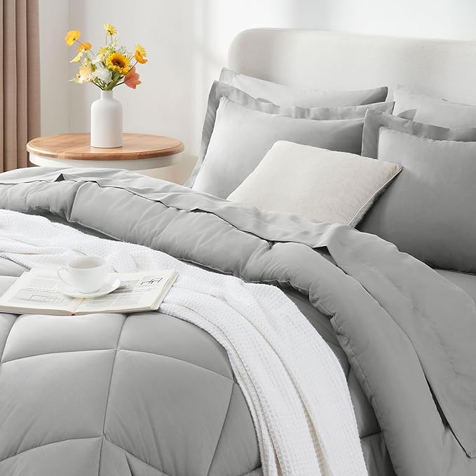 CozyLux Queen Bed in a Bag 7-Pieces Comforter Set with Sheets Light Grey All Season Bedding Sets with Comforter, Pillow Shams, Flat Sheet, Fitted Sheet and Pillowcases - LeafyLoom