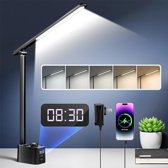 Desk Lamp for College Dorm Room,55 Lighting Modes Dorm Lamp for Dorm Desk Lamp,700 Lumen LED Desk Lamp with USB Charging Port,Desk Light with Clock+Pen Holder,Desk Lamps for Home Office Lamp for Desk - LeafyLoom