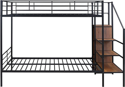 Full Over Full Metal Bunk Bed Frame with Lateral Storage Ladder & Wardrobe,Heavy-Duty Steel Frame Bunk Bed with Safety Guard Rails, for Kids Teens Adults, No Box Spring Needed - LeafyLoom