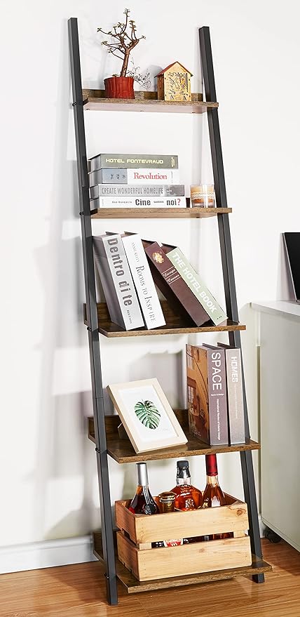 HYNAWIN 5 Tier Ladder Shelf-Wood & Metal Bookcase,Wall Mount Bookshelf Standing Unit,Multipurpose Plant Stand for Livingroom,Kitchen,Space Saving Display Rack,Industrial Accent Furniture - LeafyLoom