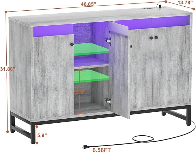 Aheaplus Sideboard Buffet Cabinet with Power Outlet, Kitchen Storage Cabinet with LED Light & Doors, Accent Cabinet Cupboard Buffet Table with Storage for Dining Room, Living Room, Hallway, White Oak - LeafyLoom