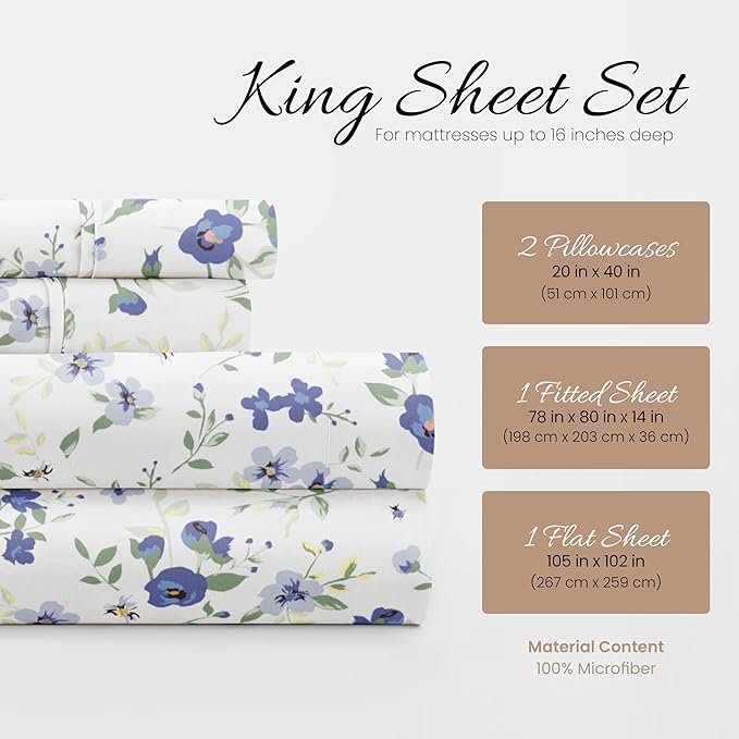 4 Piece King Bedding Sheet Set (Light Blue Floral) - Sleep Better Than Ever with These Ultra-Soft & Cooling Bed Sheets for Your King Size Bed - Deep Pocket Fits 16" Mattress - LeafyLoom