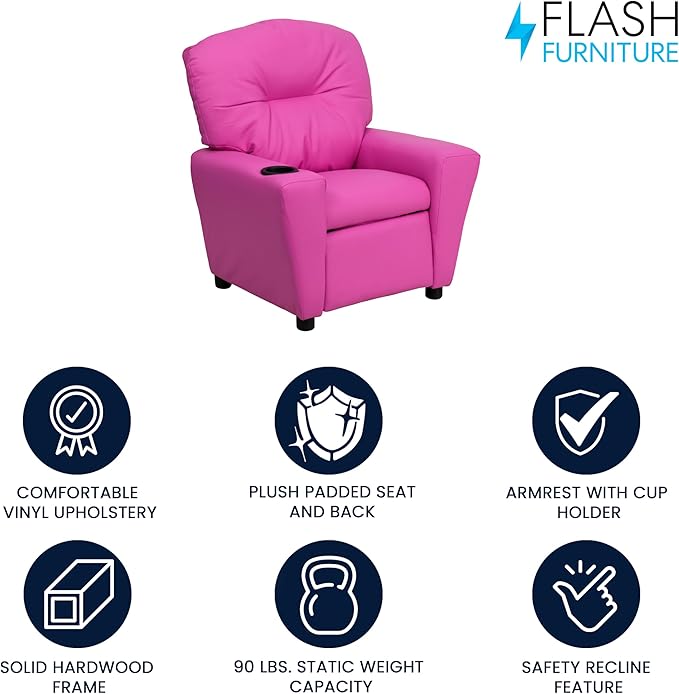 Flash Furniture Chandler Vinyl Kids Recliner with Cup Holder and Safety Recline, Contemporary Reclining Chair for Kids, Supports up to 90 lbs., Hot Pink - LeafyLoom