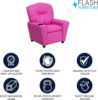 Flash Furniture Chandler Vinyl Kids Recliner with Cup Holder and Safety Recline, Contemporary Reclining Chair for Kids, Supports up to 90 lbs., Hot Pink - LeafyLoom