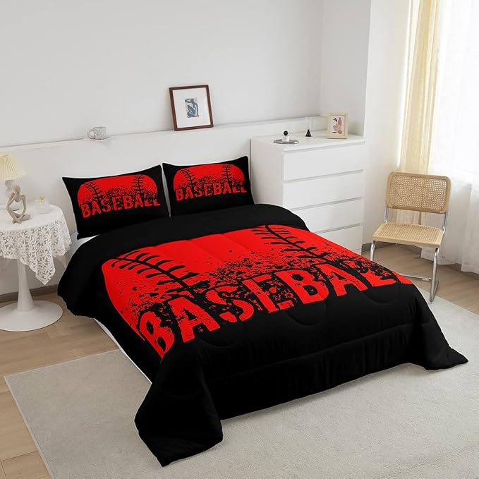 Baseball Comforter Set King Size Kids Red Black Sports Quilt Bedding Set For Boys Girls,Reversible Black Bedding Comforter Sets Soft Lightweight For All Season,1 Comforter And 2 Pillow Cases - LeafyLoom