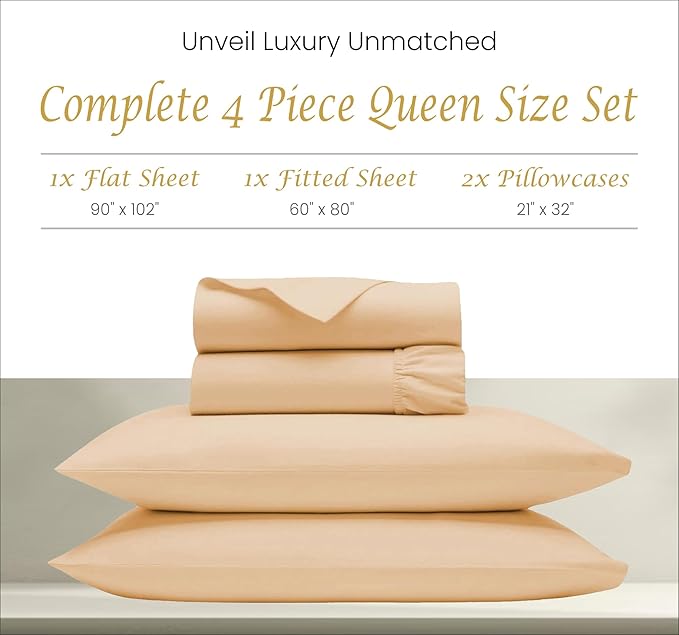 1000 TC Egyptian Cotton Sheets Queen Size - Luxury & Cooling Bedsheets for Hot Sleepers - Breathable, Sateen Weave, 18" Deep Pocket Fitted Sheet - 4 Piece Egyptian Hotel Sheets for Queen Bed (Sand) - LeafyLoom