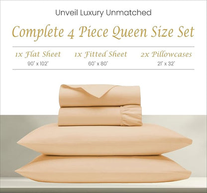 1000 TC Egyptian Cotton Sheets Queen Size - Luxury & Cooling Bedsheets for Hot Sleepers - Breathable, Sateen Weave, 18" Deep Pocket Fitted Sheet - 4 Piece Egyptian Hotel Sheets for Queen Bed (Sand) - LeafyLoom