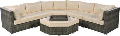 Patio 7-Piece Set, Half-Moon Curved Sectional Sofa Outdoor Rattan Furniture with Ottoman and No-Slip Cushions for Balcony, Porch, Garden, Zc-Beige - LeafyLoom