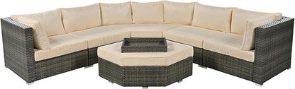 6 Piece Outdoor Patio Furniture Set Conversation Sofa, All Weather Wicker L shaped Sectional Couch with Ottoman, Small Trays and Removable Cushions, for Garden Backyard, Beige - LeafyLoom