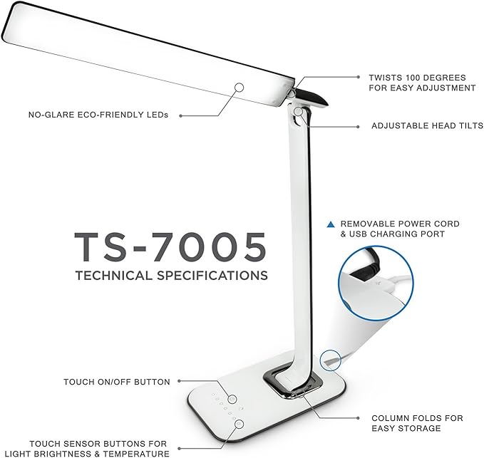 LED Desk Lamp With USB Charging Port Dimmable Touch Controls w/Color Adjustment, Eye Care Task Lamp, 5W, 1000 Lux,Multicolor - LeafyLoom