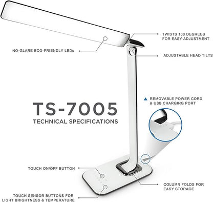 LED Desk Lamp With USB Charging Port Dimmable Touch Controls w/Color Adjustment, Eye Care Task Lamp, 5W, 1000 Lux,Multicolor - LeafyLoom