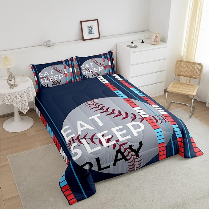 Feelyou Baseball Comforter Set Sports Game Bedding Set for Boys Girls Baseball Gaming Blue Stripe Comforter Gift for Baseball Softball Lover Room Decor Queen Size Quilt Boys - LeafyLoom