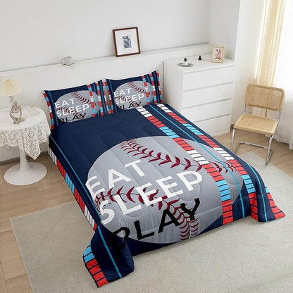 Feelyou Baseball Comforter Set Sports Game Bedding Set for Boys Girls Baseball Gaming Blue Stripe Comforter Gift for Baseball Softball Lover Room Decor King Size Quilt Boys - LeafyLoom