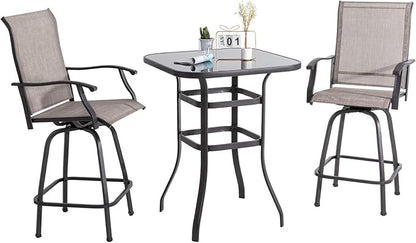 Shintenchi Patio Swivel Bar Set, All Weather Textile Fabric Outdoor High Stool Bistro Set with 2 Bar Chairs and Glass Table for Home, Backyard, Garden, Lawn, Porch (Brown), 3 Pieces - LeafyLoom