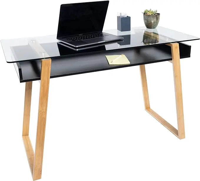 bonVIVO Massimo Small Desk - 47 Inch, Modern Computer Desk for Small Spaces, Living Room, Office and Bedroom - Study Table w/Glass Top and Shelf Space - Black - LeafyLoom