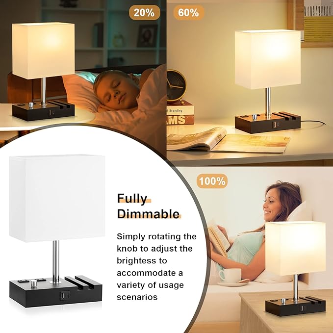 Fully Dimmable Bedside Lamps for Bedroom with USB C Ports, Kakanuo White USB Table Lamp Set of 2, Wooden Desk Lamp with 2 Charging Outlets and Phone Stand for Nightstand and Living Room, Bulb Included - LeafyLoom