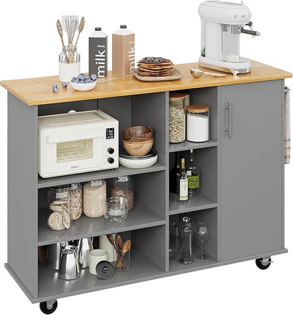 Shintenchi 47”W Kitchen Storage Island Cart with 6 Open Shelves and 1 Cabinet, Portable Trolley Cart with Wood Work Top and Handle/Towel Rack, Gray - LeafyLoom