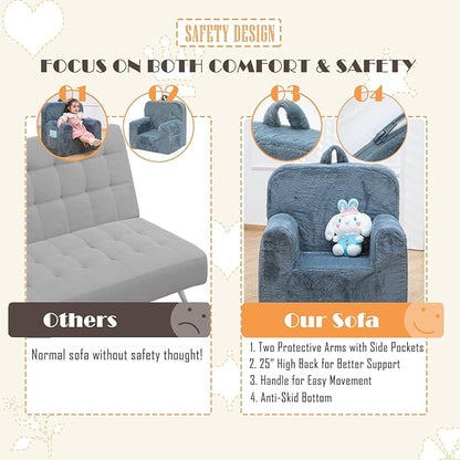 Snuggly-Soft Cuddly Toddler Plush Armchair for Boys and Girls Fuzzy Plush Kids Sofa Couch Reading Chair with Children Friendly Handle for Easy Movement & Double Pockets for Storage, Dark Grey - LeafyLoom