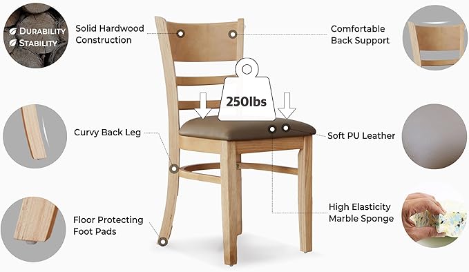 Livinia Cabin Dining Chair Set of 2, Solid Malaysian Oak PU Leather Upholstered Cushion Seat Wooden Ladder Back Side Chairs (Natural-Oak) Assembly Required - LeafyLoom