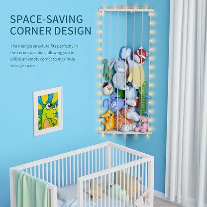 Stuffed Animal Storage Toy Organizer: Corner Stuff Animals Holder for Wall with LED Light - Kids Plush Toys Storage with Adjustable Length for Nursery Playroom Bedroom Kids Room(Gray) - LeafyLoom