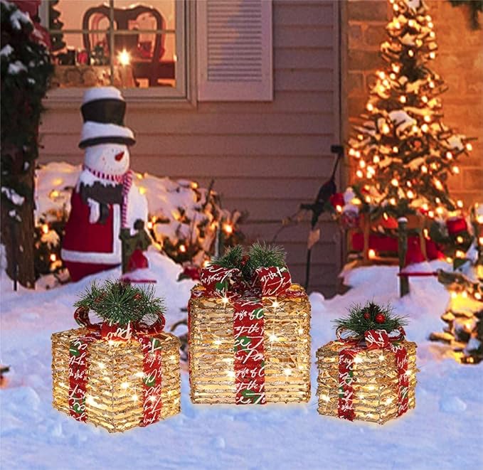 [Large 10"x8.5"x7" Christmas Set of 3 Lighted Rattan Gift Boxes Decorations Pre-lit 70 Super-Bright LED with Flashers,for Indoor Outdoor Pathway Holiday Party Home(Warm White) GLOWNOVA