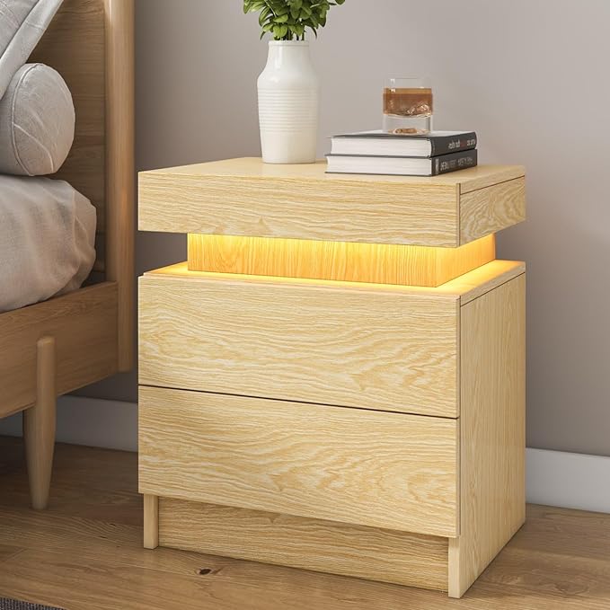 HOMMPA Set of 2 LED Nightstands Wood Night Stand with LED Light Modern Bedside Table with 2 Drawers Matte LED Nightstand for Bedroom Wood Color 20.5" Tall - LeafyLoom