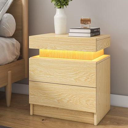 HOMMPA Set of 2 LED Nightstands Wood Night Stand with LED Light Modern Bedside Table with 2 Drawers Matte LED Nightstand for Bedroom Wood Color 20.5" Tall - LeafyLoom