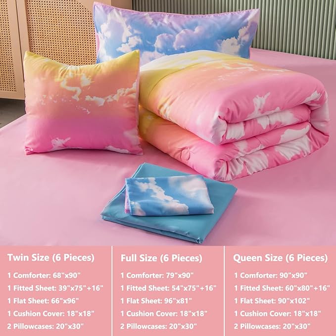 PERFEMET Full Size Bedding Sets for Girls, 6 Pieces Blue Sky and White Cloud Print Comforter Set Bed in A Bag, Rainbow Ombre Bedding Comforter Sets with Sheets (Cloud Pattern, Full) - LeafyLoom