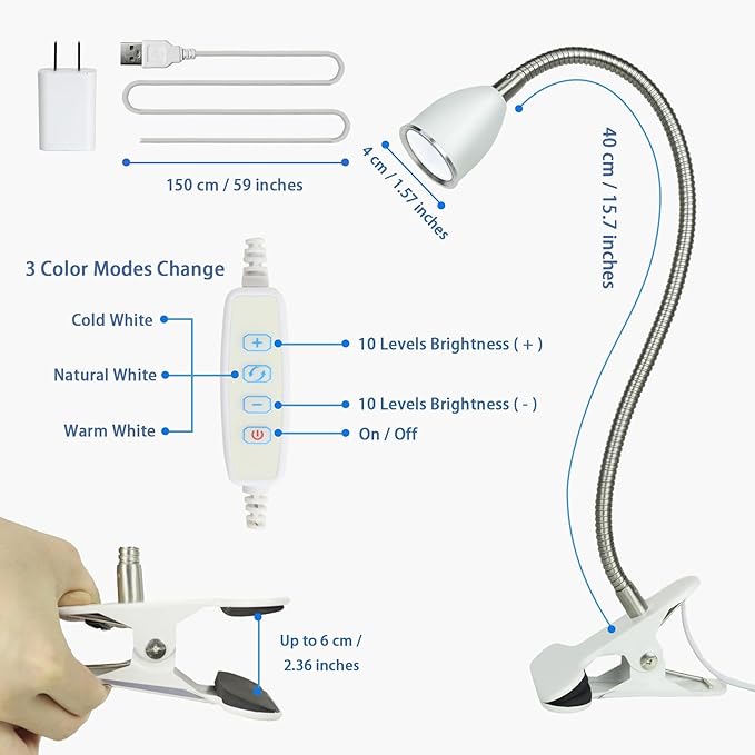 Desk lamp Eye-Caring Table Lamps, 360°Rotation Gooseneck Clip on Lamp Reading Light, Portable Reading Book Light, Clamp Light, Study Desk Lamps for Bedroom and Office Home Lighting (White-C01) - LeafyLoom