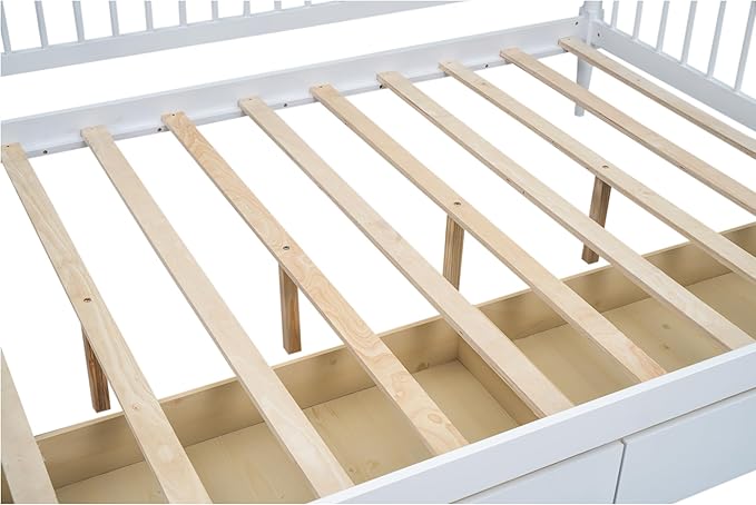 Full Size Daybed with Two Drawers,Solid Wood Storage Bed Frame W/Wooden Slat Support,Guide Rail Design on Three Sides,Easy to Assemble,for Bedroom Living Room,White - LeafyLoom