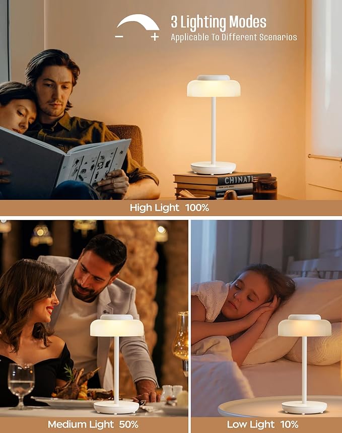 QiMH Battery Operated LED Table Lamp, 5000mAh Cordless Desk Lamp with 3 Level Brightness Touch Control, Mini Rechargeable Night Light for living room, Bedroom, outdoor bar (White) - LeafyLoom