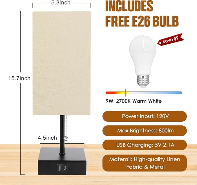 Bedside Lamp for Bedroom with USB Port, Beige Table Lmp with USB C + A Charging Ports, Pull Chain Nightstand Lamp with Fabric Shade for Living Room, Dorm, Home Office (LED Bulb Included) - LeafyLoom