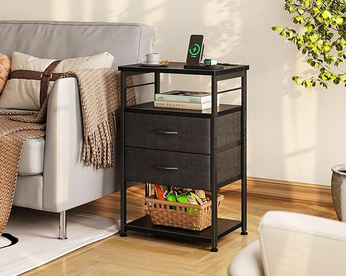 AODK Night Stand with Charging Station, End Table for Bedroom Tall Nightstand with Drawers, Small Nightstand for Bedroom, 4-Tier Storage Bedside Table, Black - LeafyLoom