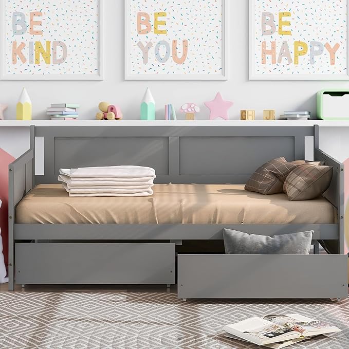 Twin Daybed with 2 Storage Drawers,Pinewood Twin Size Daybed Frame with Solid Guardrail,Dual-Use Sofa Daybed for Boys/Girls/Teens Bedroom, Easy to Assemble, No Box Spring Needed,Grey - LeafyLoom