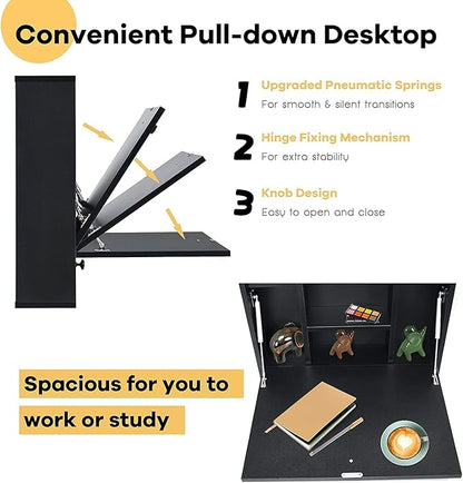 2 in 1 Foldable Tabletop, Folding Wall Mount Laptop Storage Compartments Space Saving Floating Desk, Black - LeafyLoom