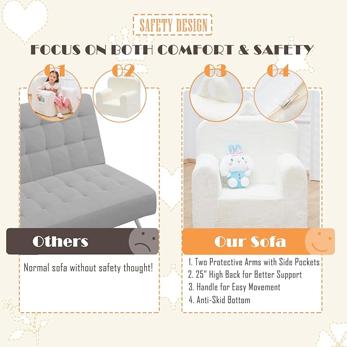 Snuggly-Soft Cuddly Toddler Plush Armchair for Boys and Girls Fuzzy Plush Kids Sofa Couch Reading Chair with Children Friendly Handle for Easy Movement & Double Pockets for Good Storage, Cream - LeafyLoom