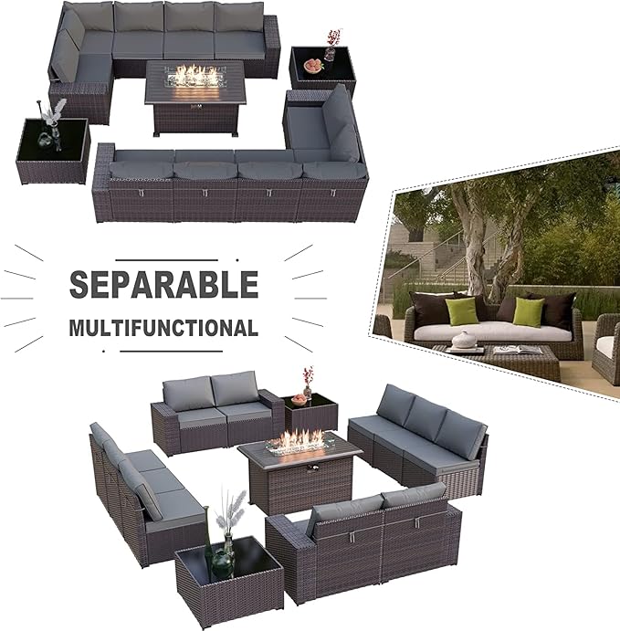 Kullavik 13 Pieces Outdoor Patio Furniture Set with 43" 55000BTU Gas Propane Fire Pit Table PE Wicker Rattan Sectional Sofa Patio Conversation Sets,Grey - LeafyLoom