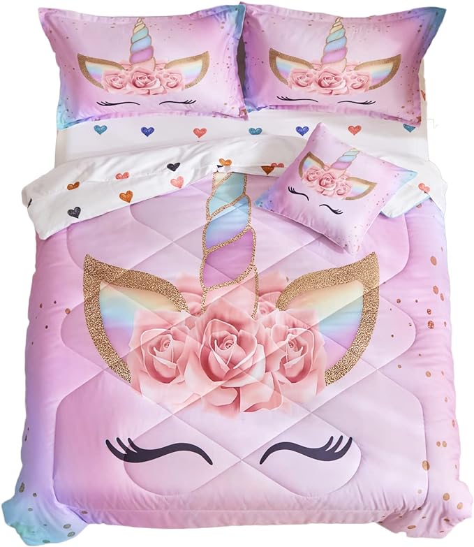 ADASMILE A & S Twin Unicorn Comforter Sets for Girls 6 Pieces Pink Floral Unicorn Bedding Set with Colorful Cute Love Heart Sheets Twin for Girls Unicorn Bed in a Bag Comforter for Home Decor - LeafyLoom