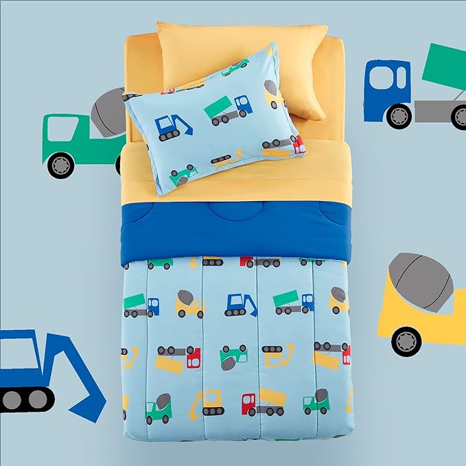 SLEEP ZONE Kids Twin Bedding Comforter Set - Super Cute & Soft Kids Bedding 5 Pieces Set with Comforter, Sheet, Pillowcase & Sham (Construction Truck) - LeafyLoom